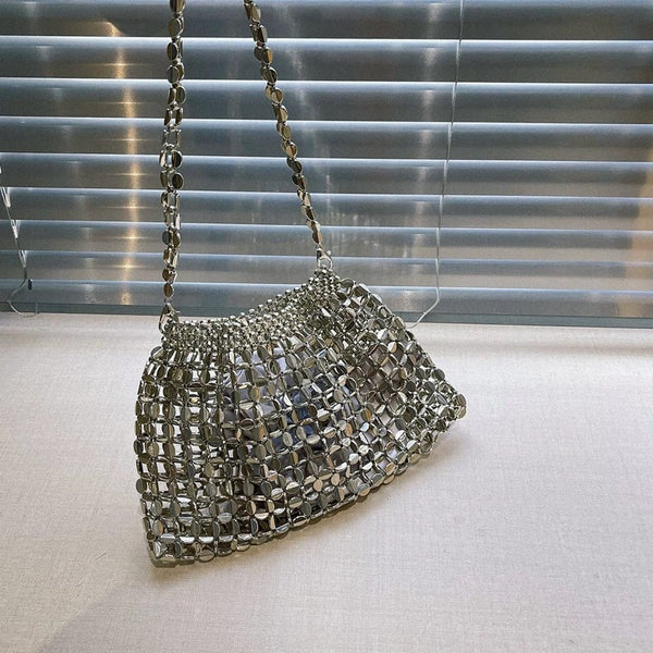 UGALS retro shiny metallic sequins hand-woven beaded pearl bag shoulder armpit bag crossbody bag for women