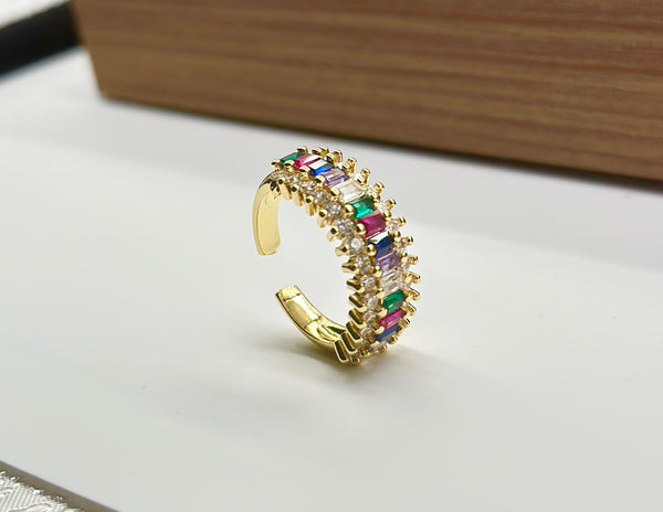 Jewelry Gold Plated Copper Ring Fashion Rainbow Ladder Cubic