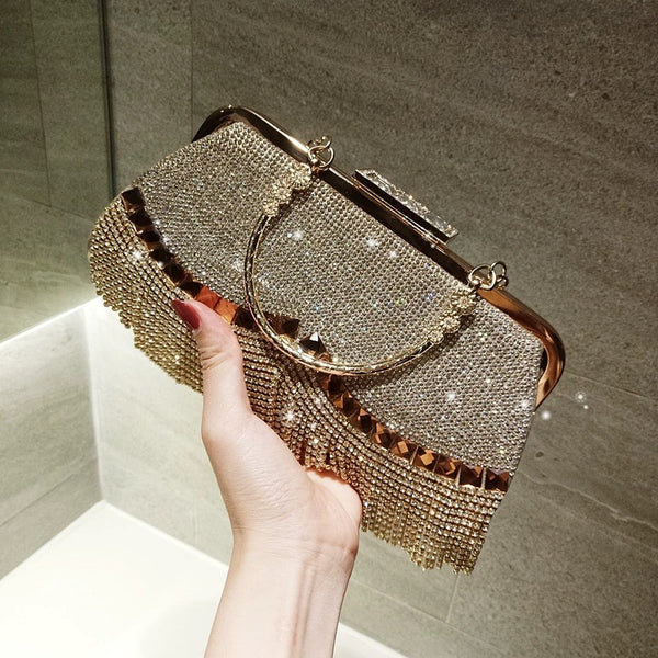 New Fully Handmade Rhinestone Tassel Pearl Rhinestone Women's Dinner Bag Small Dress Bag Handheld Crossbody Banquet Bag