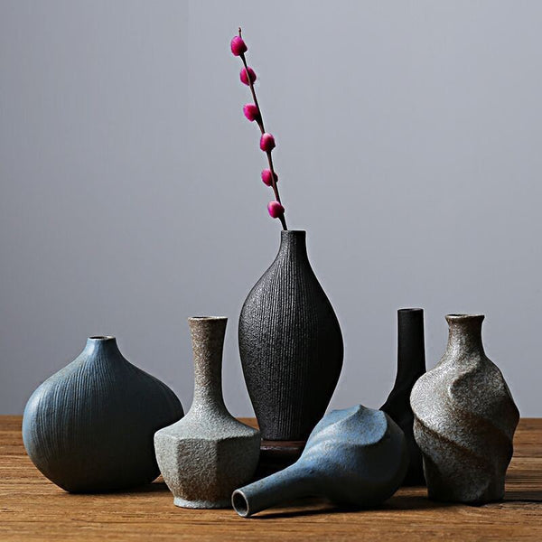 Stone pottery Zen Chinese vase ornaments, retro flower arrangements, dried flowers, small ceramic small vases, three-piece Zen flower set
