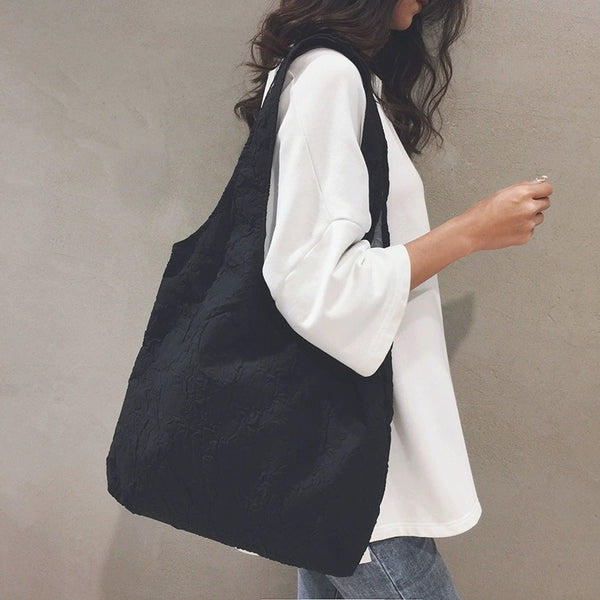 Original Japanese pleated black and white large-capacity shoulder bag casual versatile canvas bag tote bag